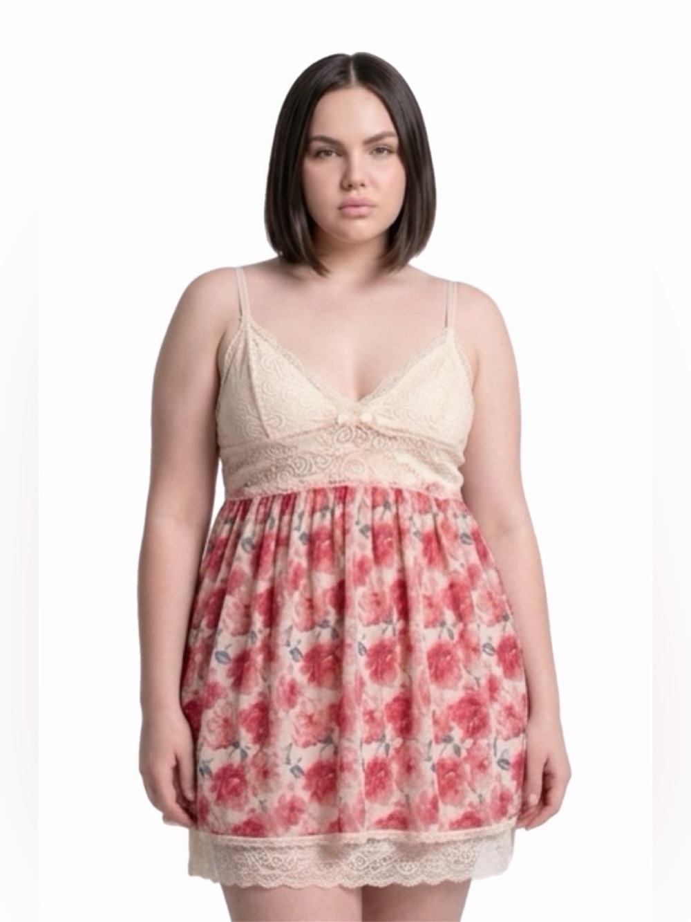 Y2K Vintage Jessica Simpson Rose Floral Lace Cups Babydoll Teddy (Pink/Peach) M